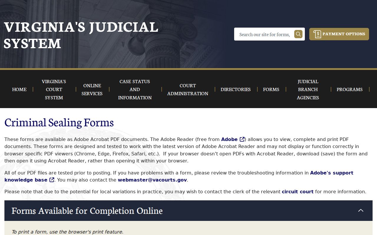 Craig County criminal court case sealing forms from Virginia courts