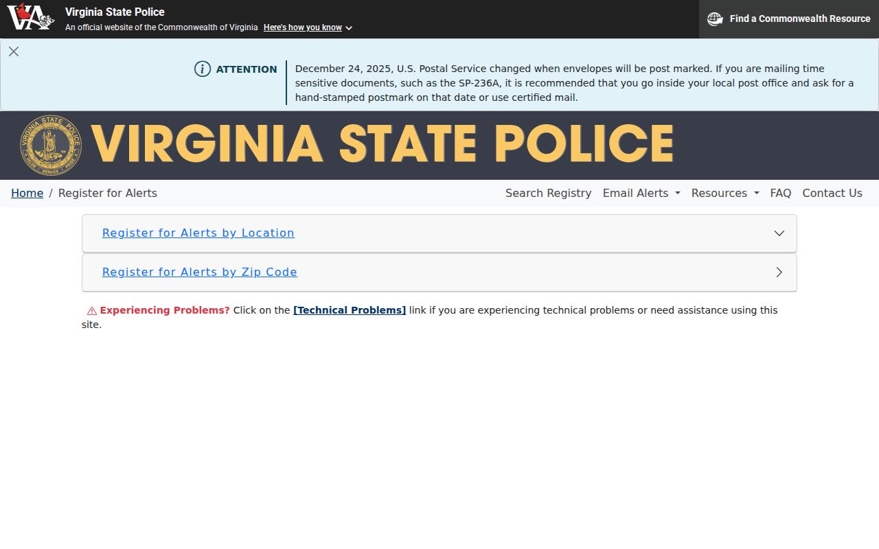 Virginia registry email alert enrollment form for Craig County addresses