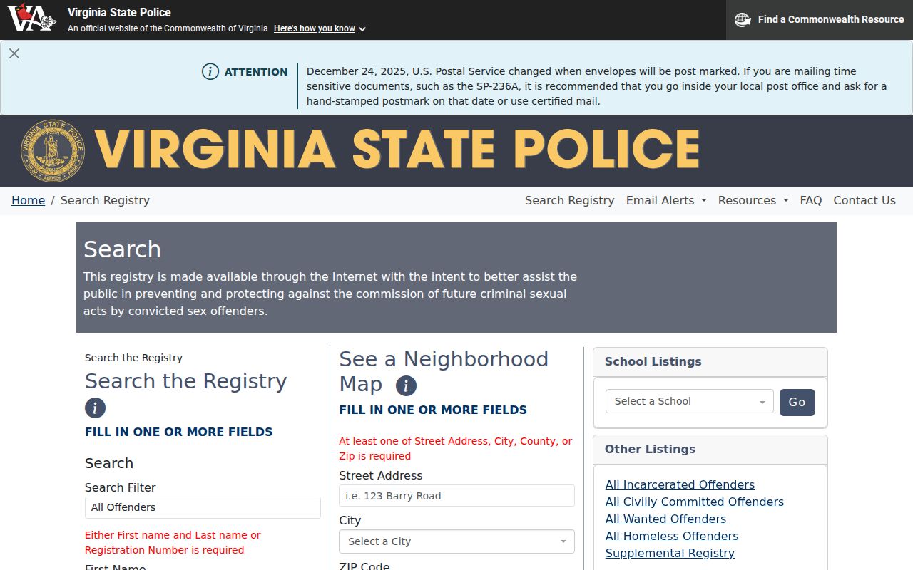 Virginia registry location and radius search used for Craig County sex offender lookups