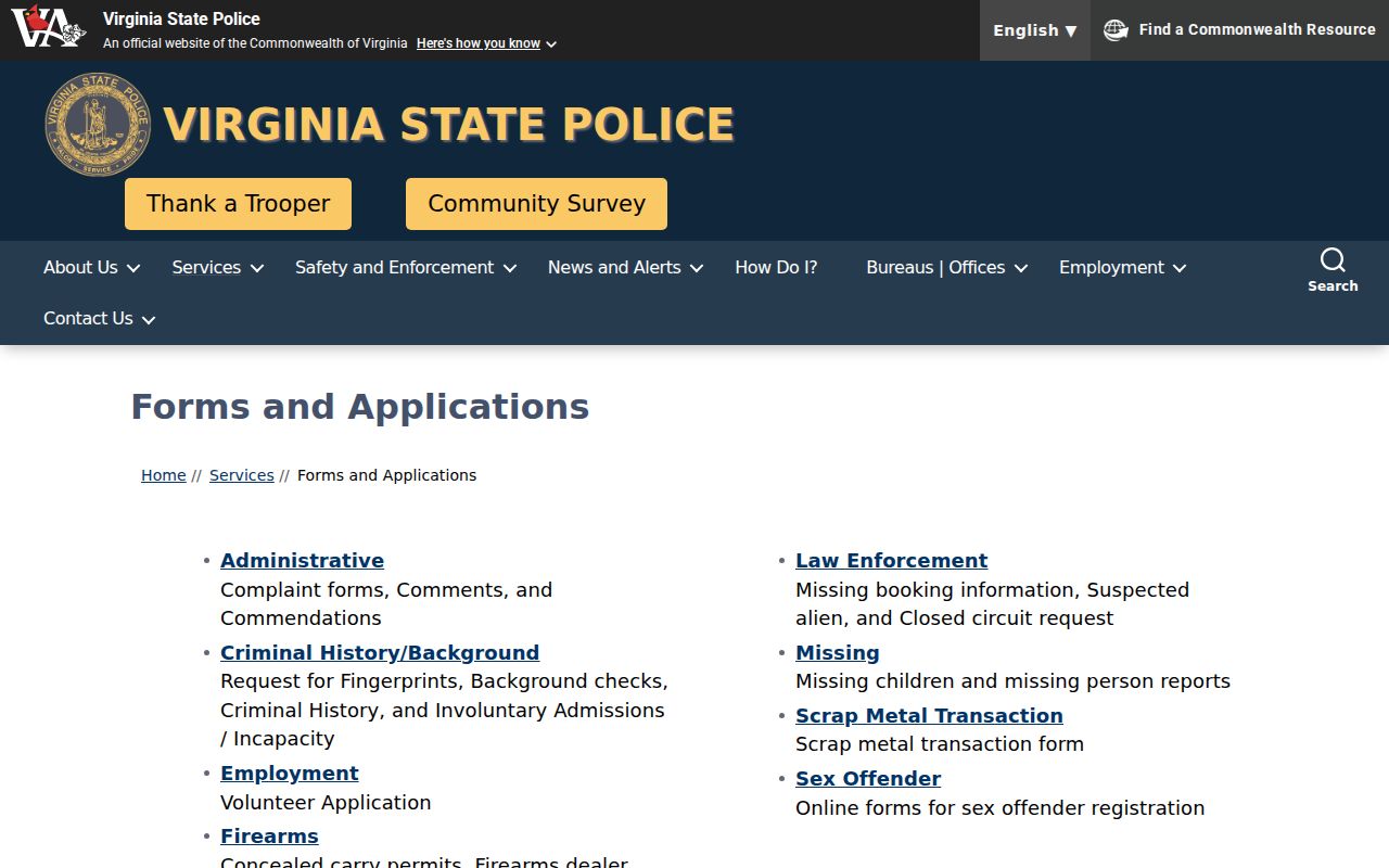 Craig County criminal history Virginia State Police forms index